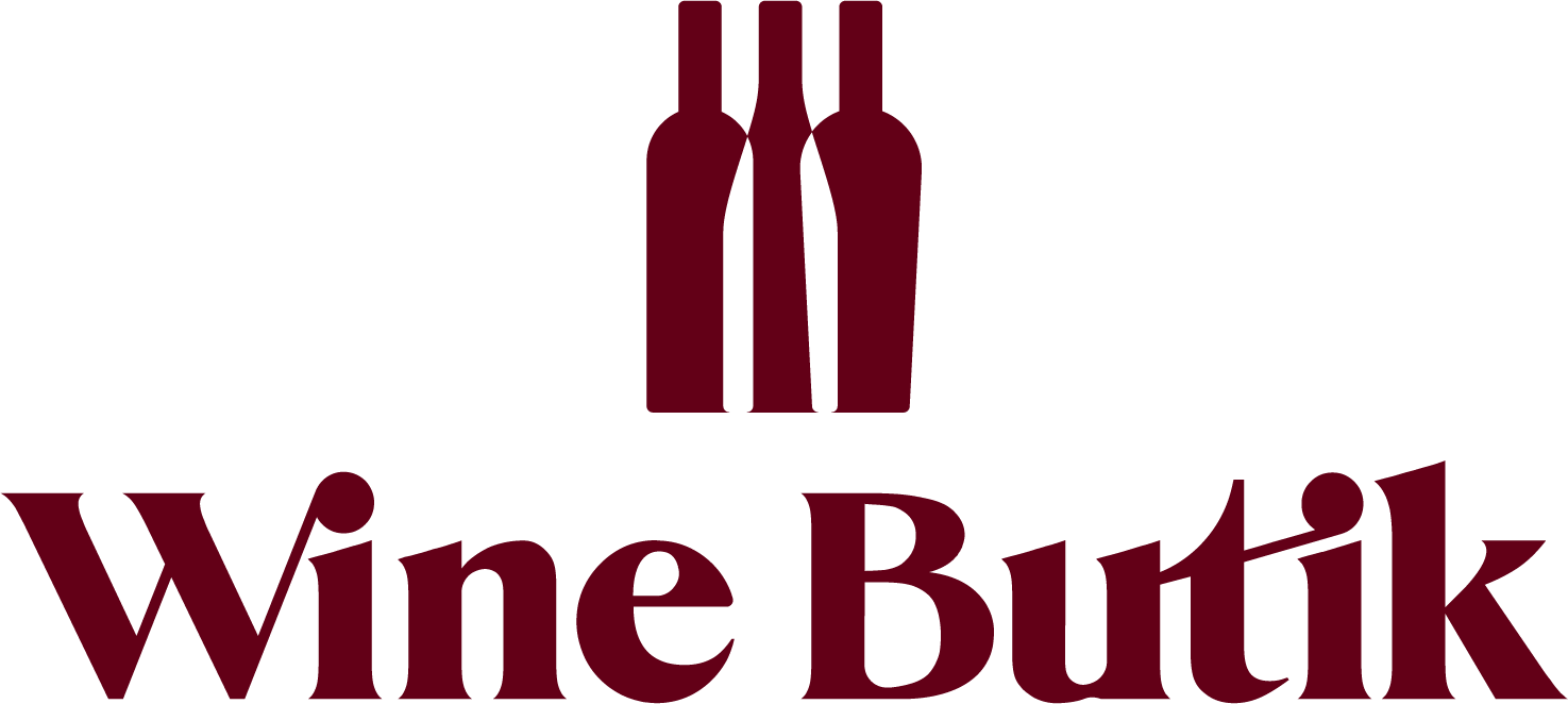Wine Butik logo featuring minimalist wine bottle icons and modern red lettering.